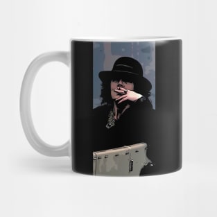 Polly Gray sits well dressed in a hat in a car and smokes a cigarette as a comic abstract art Mug